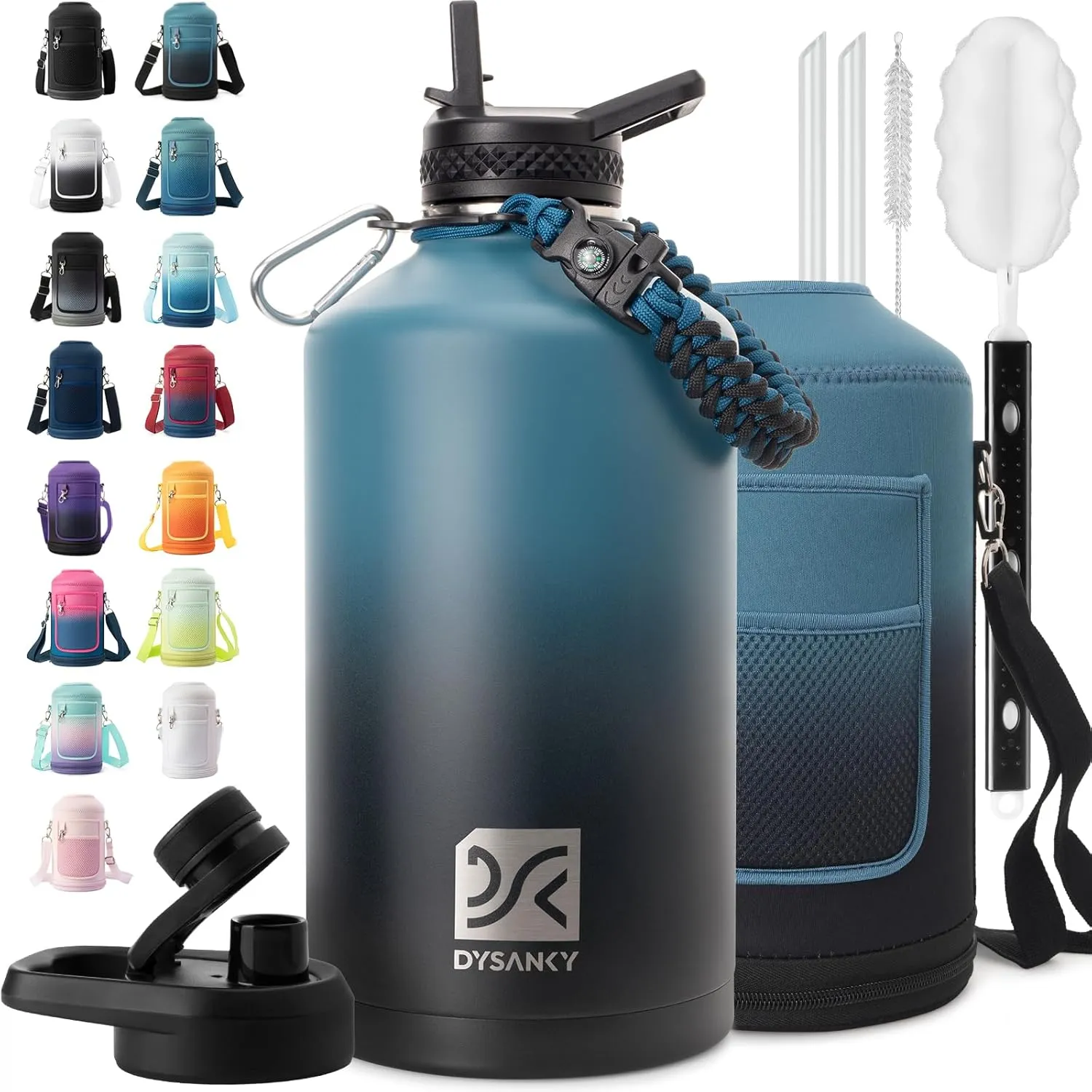 1 Gallon Water Bottle Insulated | Thickened Stainless Steel Vacuum Metal Water Jug | Portable Sports Large Thermos for Gym and Hiking with Straw, Carrier Bag, Handle Strap | BPA-Free 128 oz