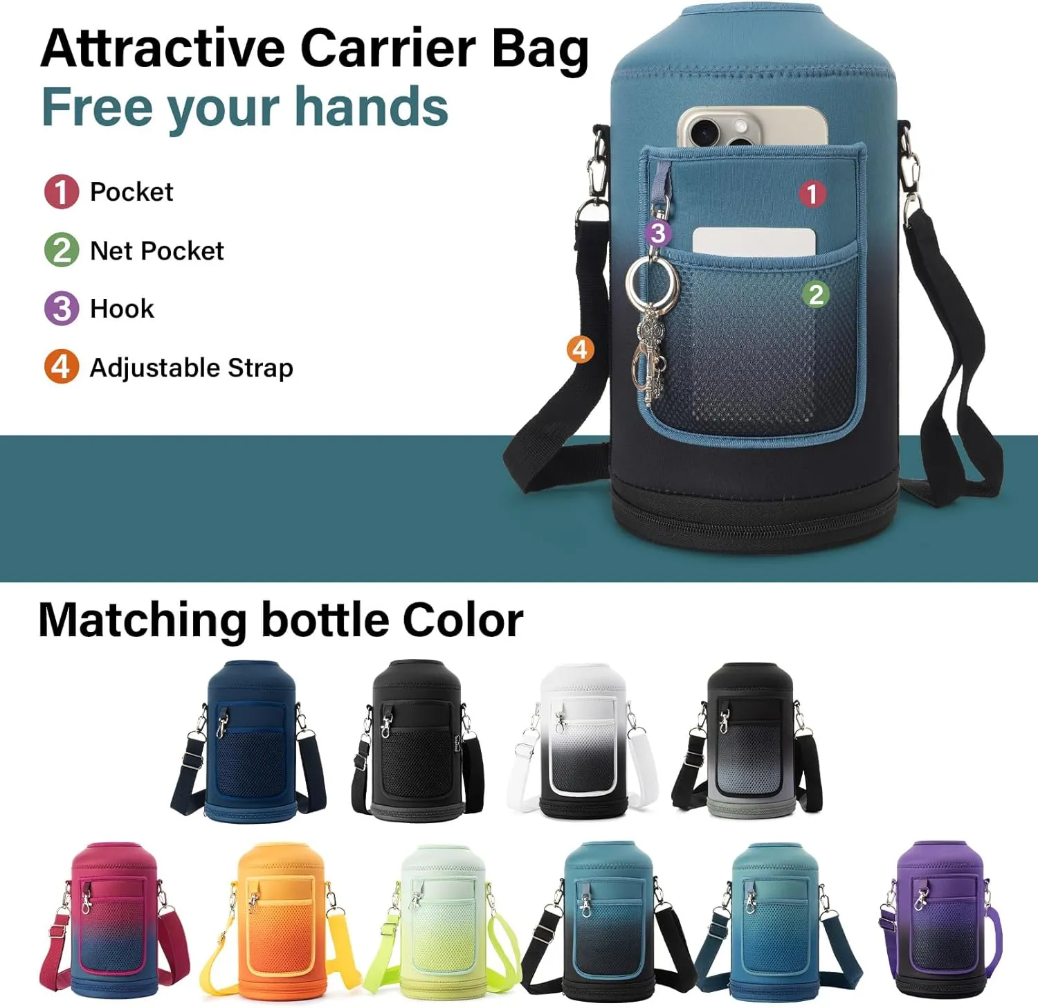 1 Gallon Water Bottle Insulated | Thickened Stainless Steel Vacuum Metal Water Jug | Portable Sports Large Thermos for Gym and Hiking with Straw, Carrier Bag, Handle Strap | BPA-Free 128 oz