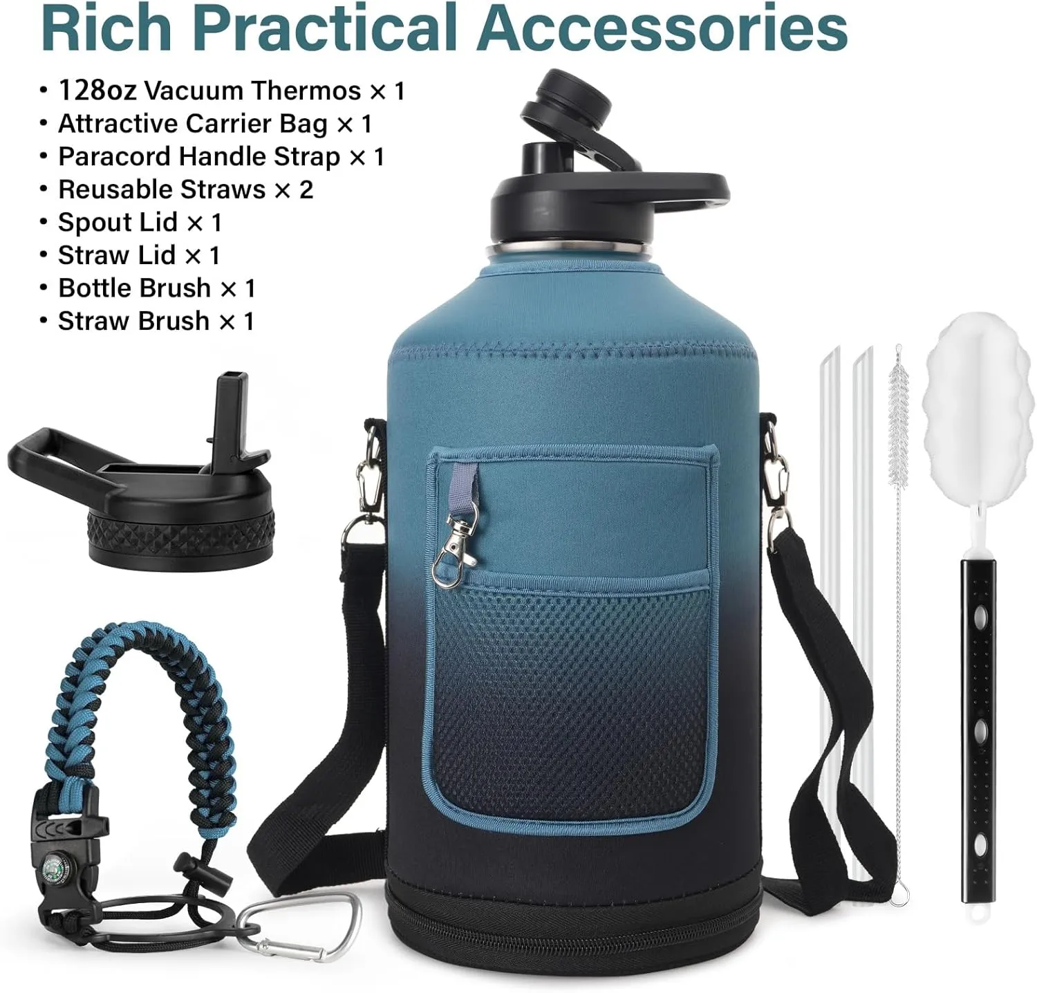 1 Gallon Water Bottle Insulated | Thickened Stainless Steel Vacuum Metal Water Jug | Portable Sports Large Thermos for Gym and Hiking with Straw, Carrier Bag, Handle Strap | BPA-Free 128 oz
