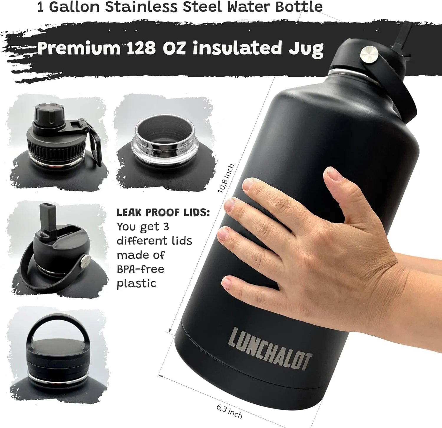 1 Gallon Water Bottle Jug - 128 Oz Insulated Stainless Steel Metal Water Bottle with Holder - Carrying Bag - Spout Handle - Straw Lids - Keep Cold & Hot - Black Tactical Flask