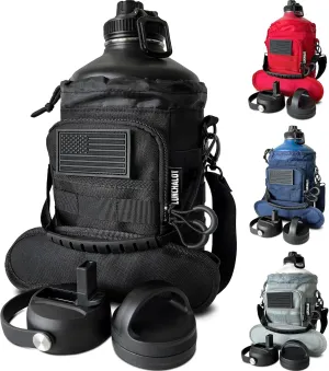 1 Gallon Water Bottle Jug - 128 Oz Insulated Stainless Steel Metal Water Bottle with Holder - Carrying Bag - Spout Handle - Straw Lids - Keep Cold & Hot - Black Tactical Flask