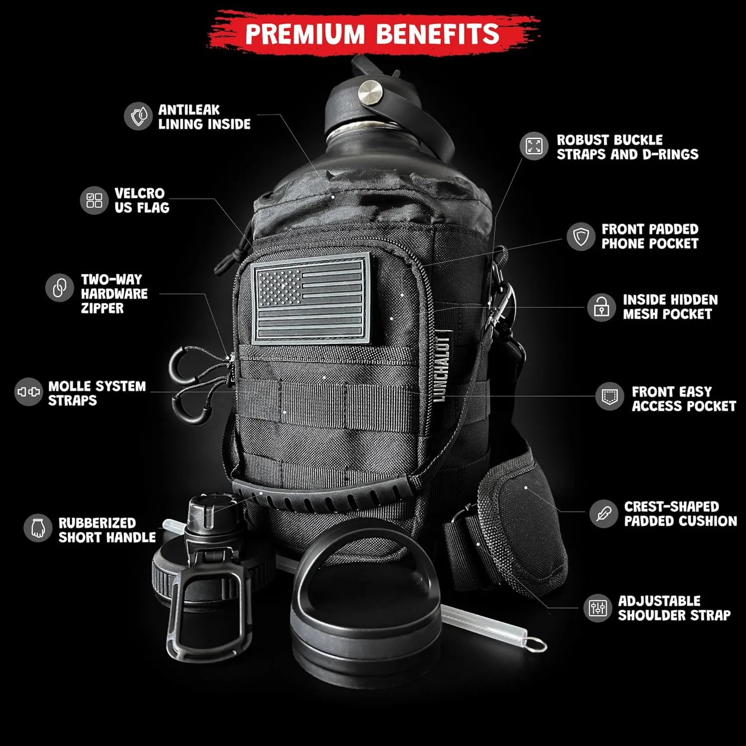 1 Gallon Water Bottle Jug - 128 Oz Insulated Stainless Steel Metal Water Bottle with Holder - Carrying Bag - Spout Handle - Straw Lids - Keep Cold & Hot - Black Tactical Flask