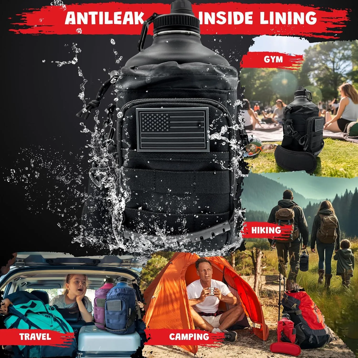 1 Gallon Water Bottle Jug - 128 Oz Insulated Stainless Steel Metal Water Bottle with Holder - Carrying Bag - Spout Handle - Straw Lids - Keep Cold & Hot - Black Tactical Flask