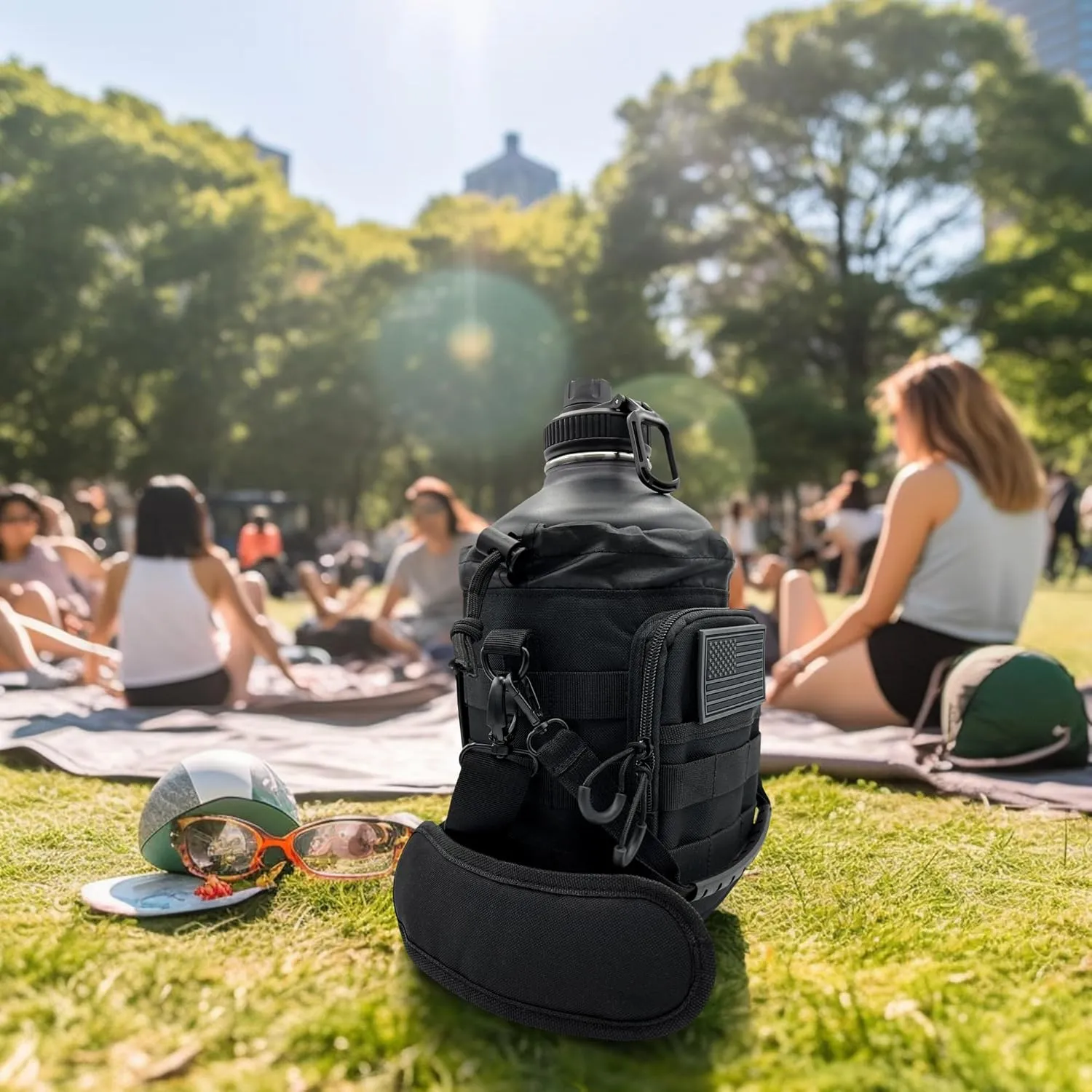 1 Gallon Water Bottle Jug - 128 Oz Insulated Stainless Steel Metal Water Bottle with Holder - Carrying Bag - Spout Handle - Straw Lids - Keep Cold & Hot - Black Tactical Flask