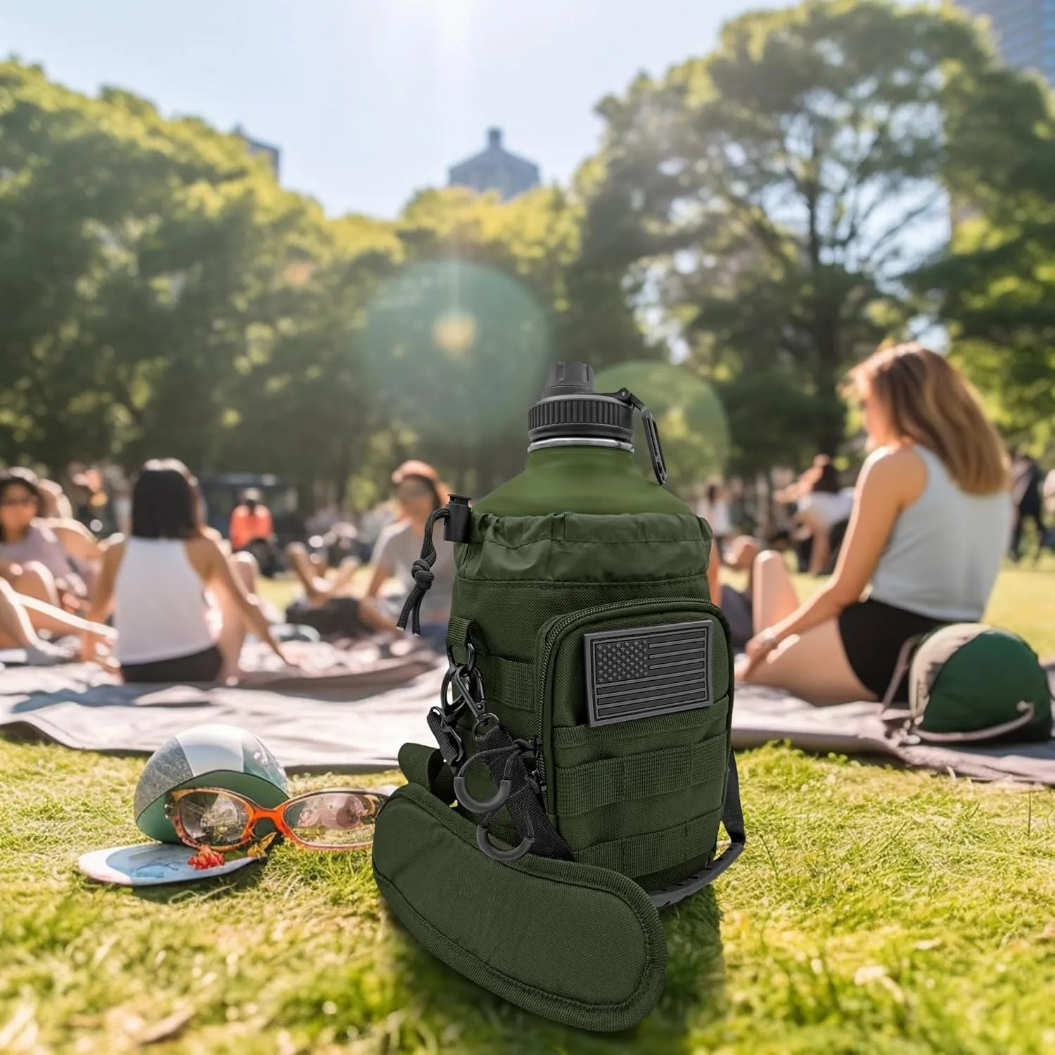1 Gallon Water Bottle Jug - 128 Oz Insulated Stainless Steel Metal Water Bottle with Holder - Carrying Bag - Spout Handle - Straw Lids - Keep Cold & Hot - Green Tactical Flask