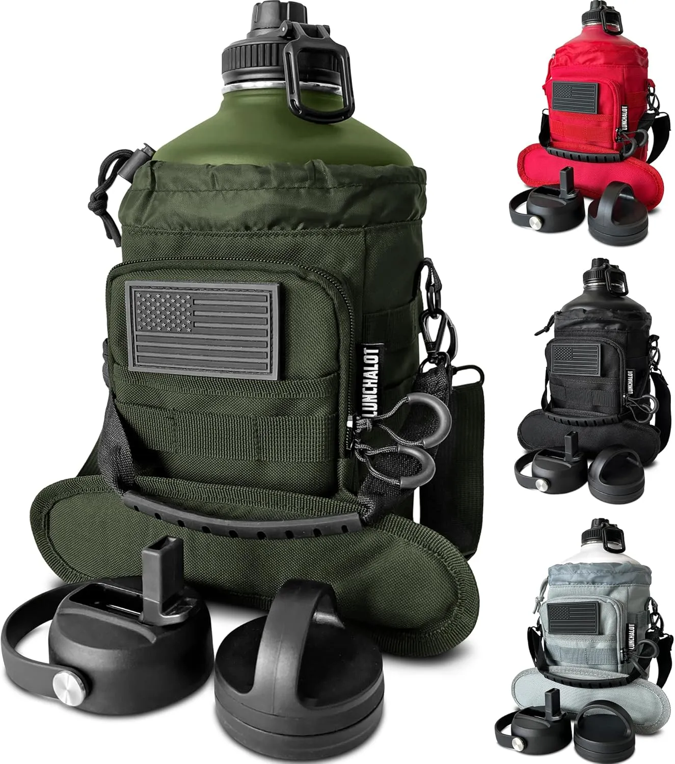 1 Gallon Water Bottle Jug - 128 Oz Insulated Stainless Steel Metal Water Bottle with Holder - Carrying Bag - Spout Handle - Straw Lids - Keep Cold & Hot - Green Tactical Flask