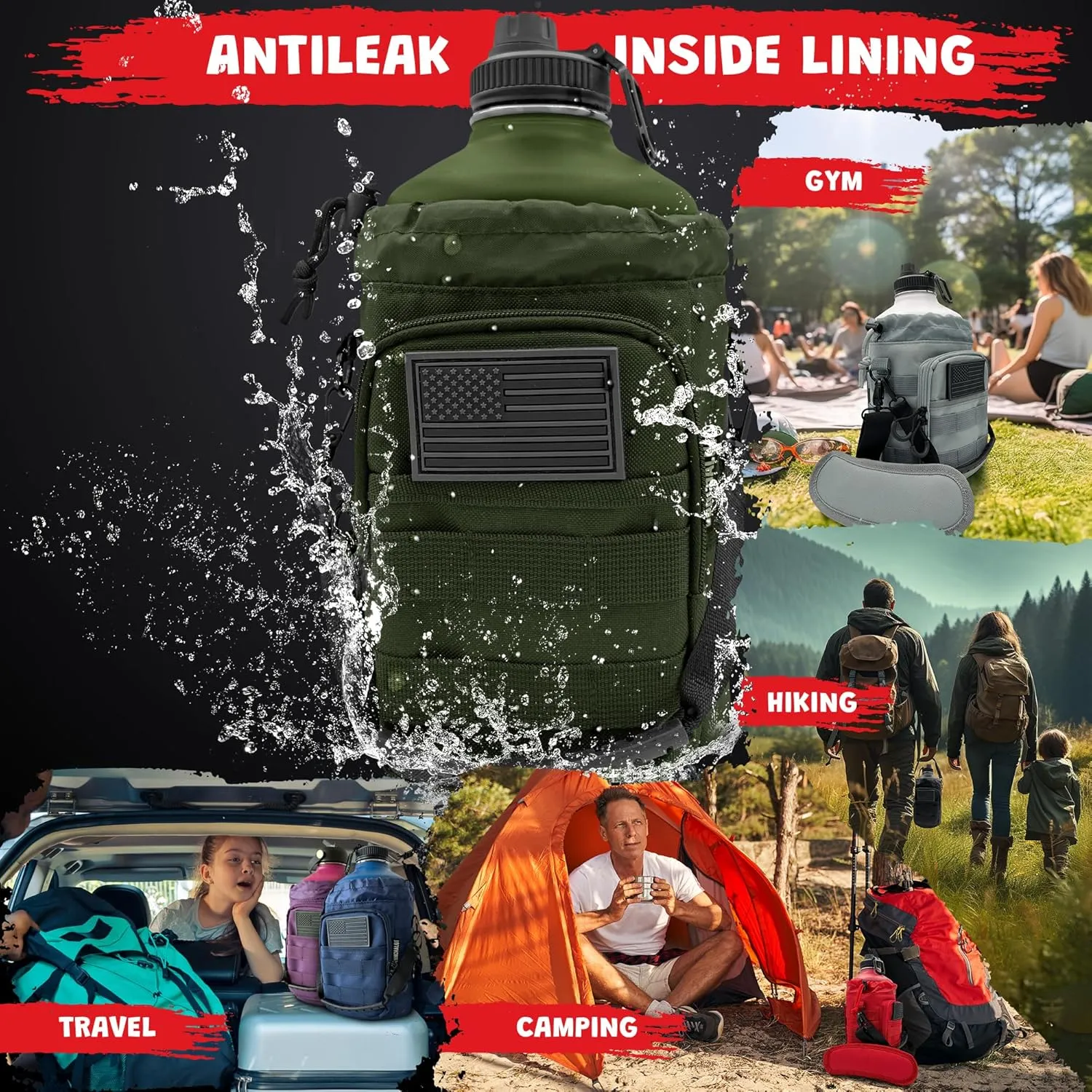 1 Gallon Water Bottle Jug - 128 Oz Insulated Stainless Steel Metal Water Bottle with Holder - Carrying Bag - Spout Handle - Straw Lids - Keep Cold & Hot - Green Tactical Flask