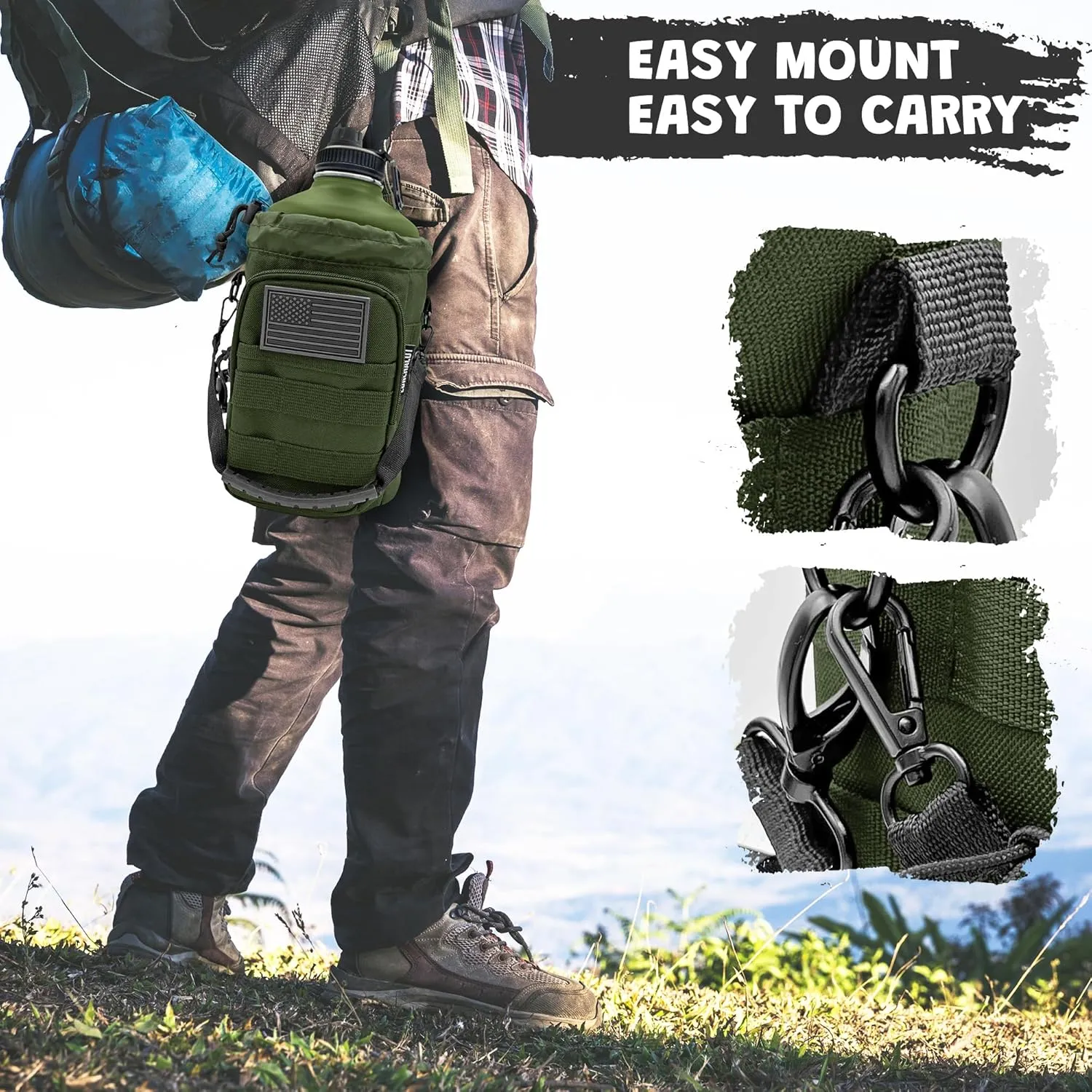 1 Gallon Water Bottle Jug - 128 Oz Insulated Stainless Steel Metal Water Bottle with Holder - Carrying Bag - Spout Handle - Straw Lids - Keep Cold & Hot - Green Tactical Flask