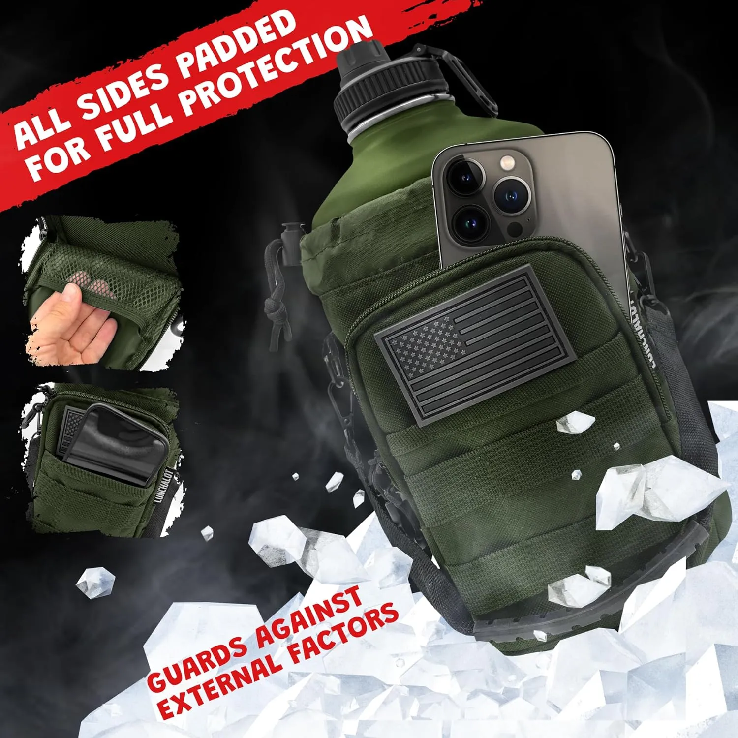 1 Gallon Water Bottle Jug - 128 Oz Insulated Stainless Steel Metal Water Bottle with Holder - Carrying Bag - Spout Handle - Straw Lids - Keep Cold & Hot - Green Tactical Flask