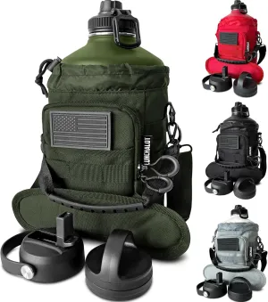 1 Gallon Water Bottle Jug - 128 Oz Insulated Stainless Steel Metal Water Bottle with Holder - Carrying Bag - Spout Handle - Straw Lids - Keep Cold & Hot - Green Tactical Flask