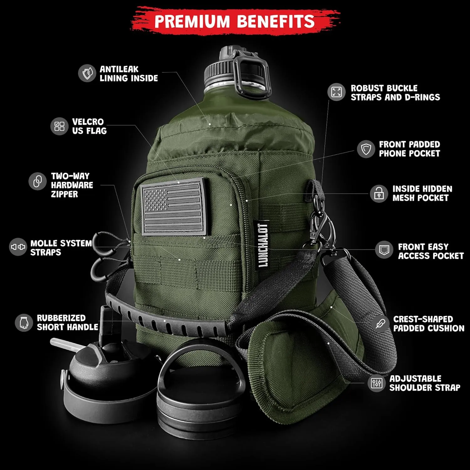1 Gallon Water Bottle Jug - 128 Oz Insulated Stainless Steel Metal Water Bottle with Holder - Carrying Bag - Spout Handle - Straw Lids - Keep Cold & Hot - Green Tactical Flask