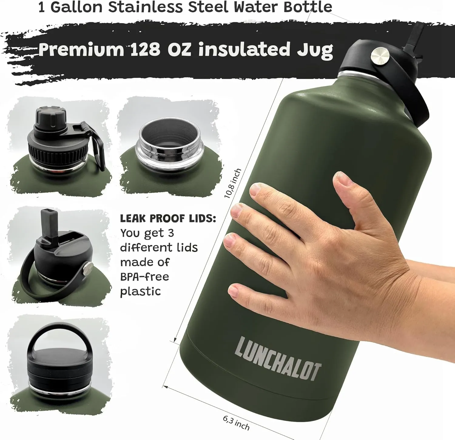 1 Gallon Water Bottle Jug - 128 Oz Insulated Stainless Steel Metal Water Bottle with Holder - Carrying Bag - Spout Handle - Straw Lids - Keep Cold & Hot - Green Tactical Flask
