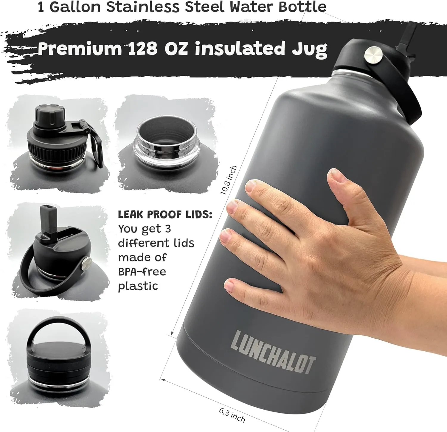 1 Gallon Water Bottle Jug - 128 Oz Insulated Stainless Steel Metal Water Bottle with Holder - Carrying Bag - Spout Handle - Straw Lids - Keep Cold & Hot - Grey Tactical Flask