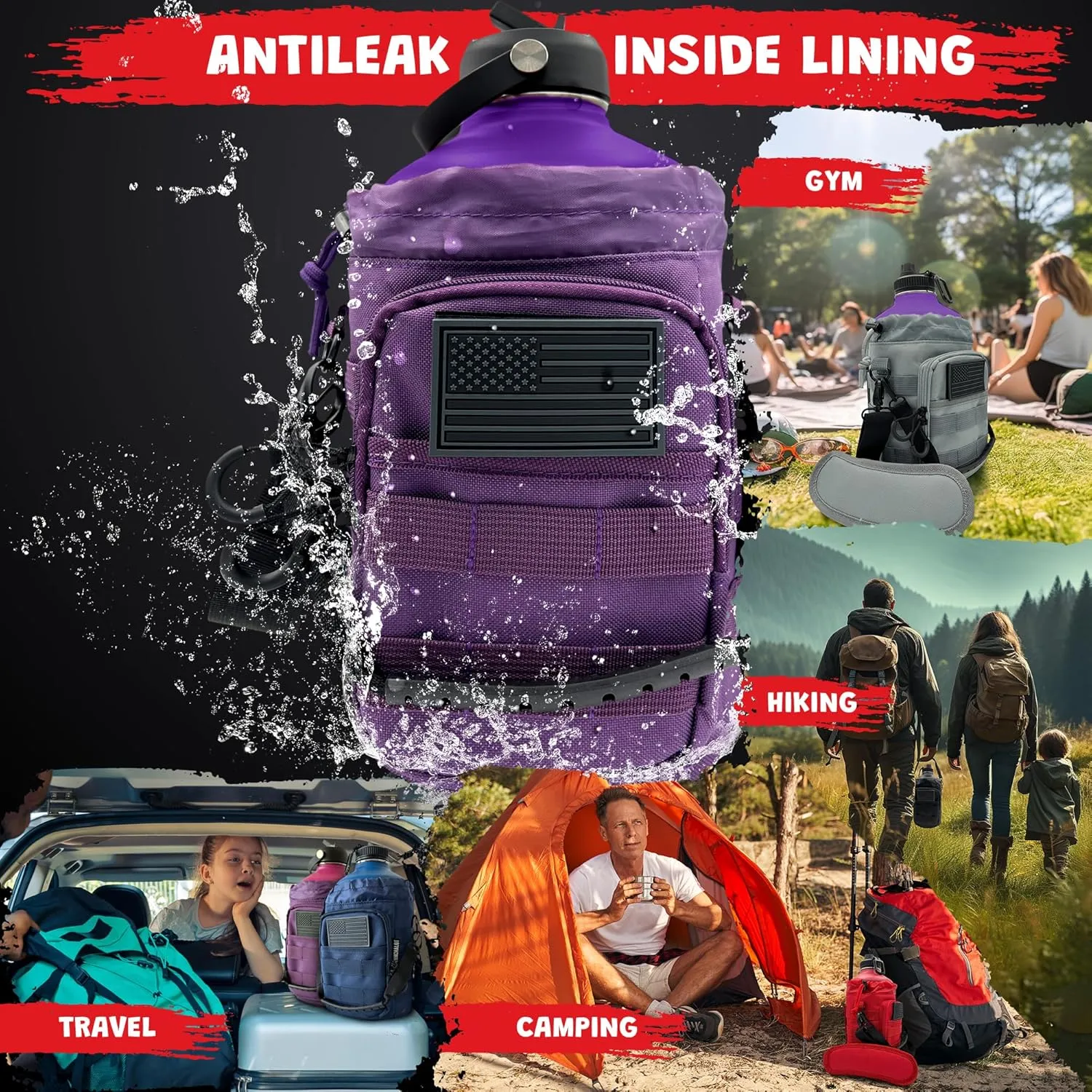1 Gallon Water Bottle Jug - 128 Oz Insulated Stainless Steel Metal Water Bottle with Holder - Carrying Bag - Spout Handle - Straw Lids - Keep Cold & Hot - Indigo Tactical Flask
