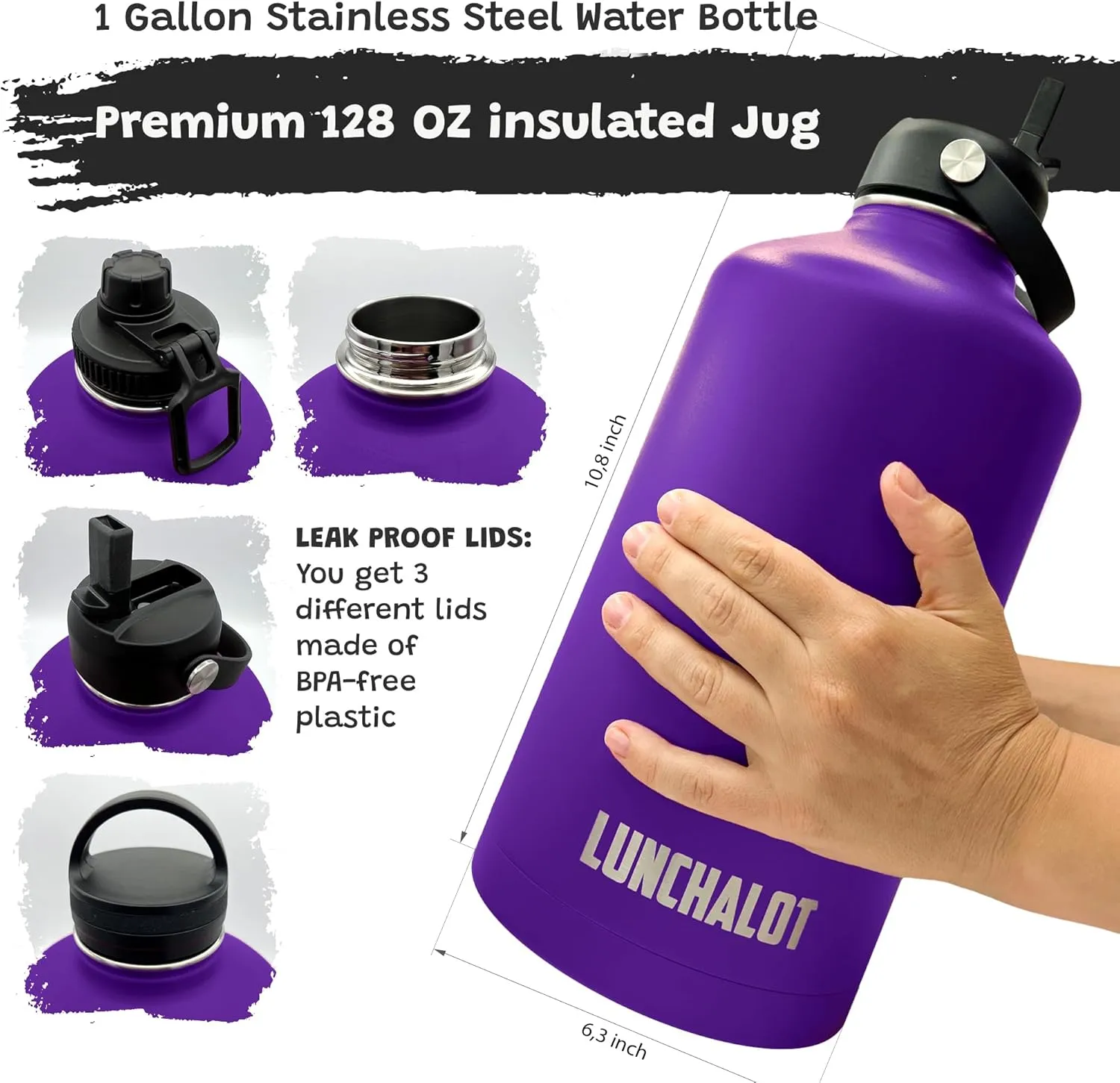 1 Gallon Water Bottle Jug - 128 Oz Insulated Stainless Steel Metal Water Bottle with Holder - Carrying Bag - Spout Handle - Straw Lids - Keep Cold & Hot - Indigo Tactical Flask