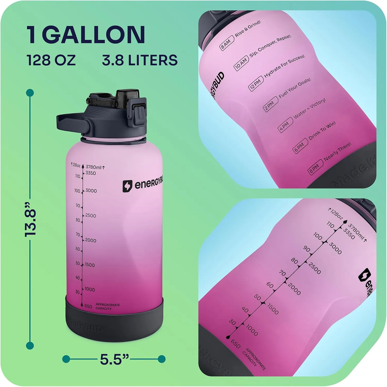 1 Gallon Water Bottle Removable Straw And Handle Dishwasher-Safe BPS & BPA & DEHP Free 2 Cleaning Brushes Big/Large Bottle With Time Markers Wide Mouth Leakproof 128 oz Jug (Pink & Black)