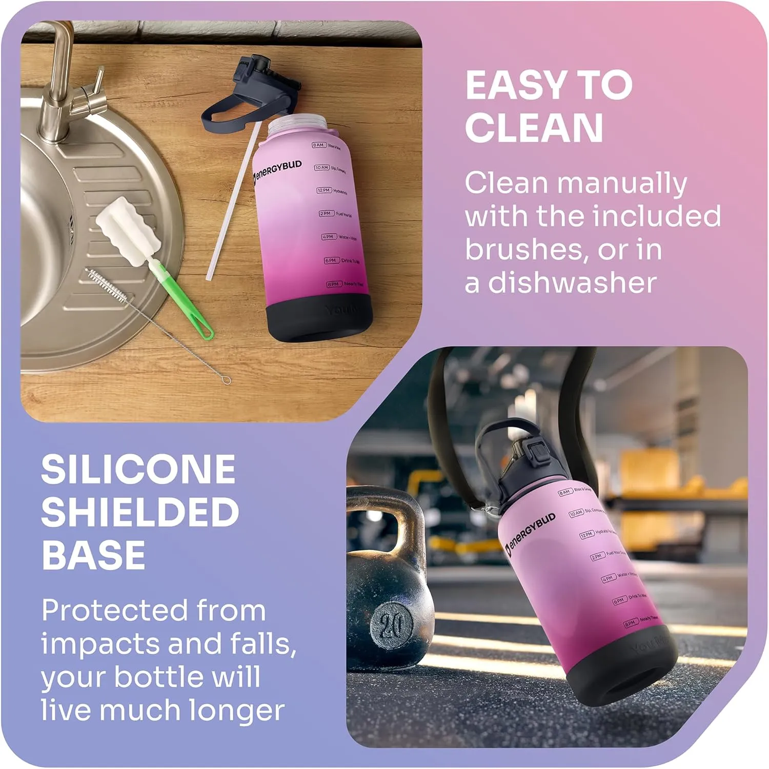 1 Gallon Water Bottle Removable Straw And Handle Dishwasher-Safe BPS & BPA & DEHP Free 2 Cleaning Brushes Big/Large Bottle With Time Markers Wide Mouth Leakproof 128 oz Jug (Pink & Black)