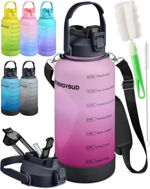 1 Gallon Water Bottle Removable Straw And Handle Dishwasher-Safe BPS & BPA & DEHP Free 2 Cleaning Brushes Big/Large Bottle With Time Markers Wide Mouth Leakproof 128 oz Jug (Pink & Black)