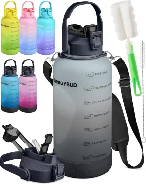 1 Gallon Water Bottle With Straw Dishwasher-Safe BPS & BPA Free, 2 Cleaning Brush Motivational 128oz Water Jug with Time Markers, Wide-Mouth Tritan, Gym & Exercise Equipment(Clear & Black)