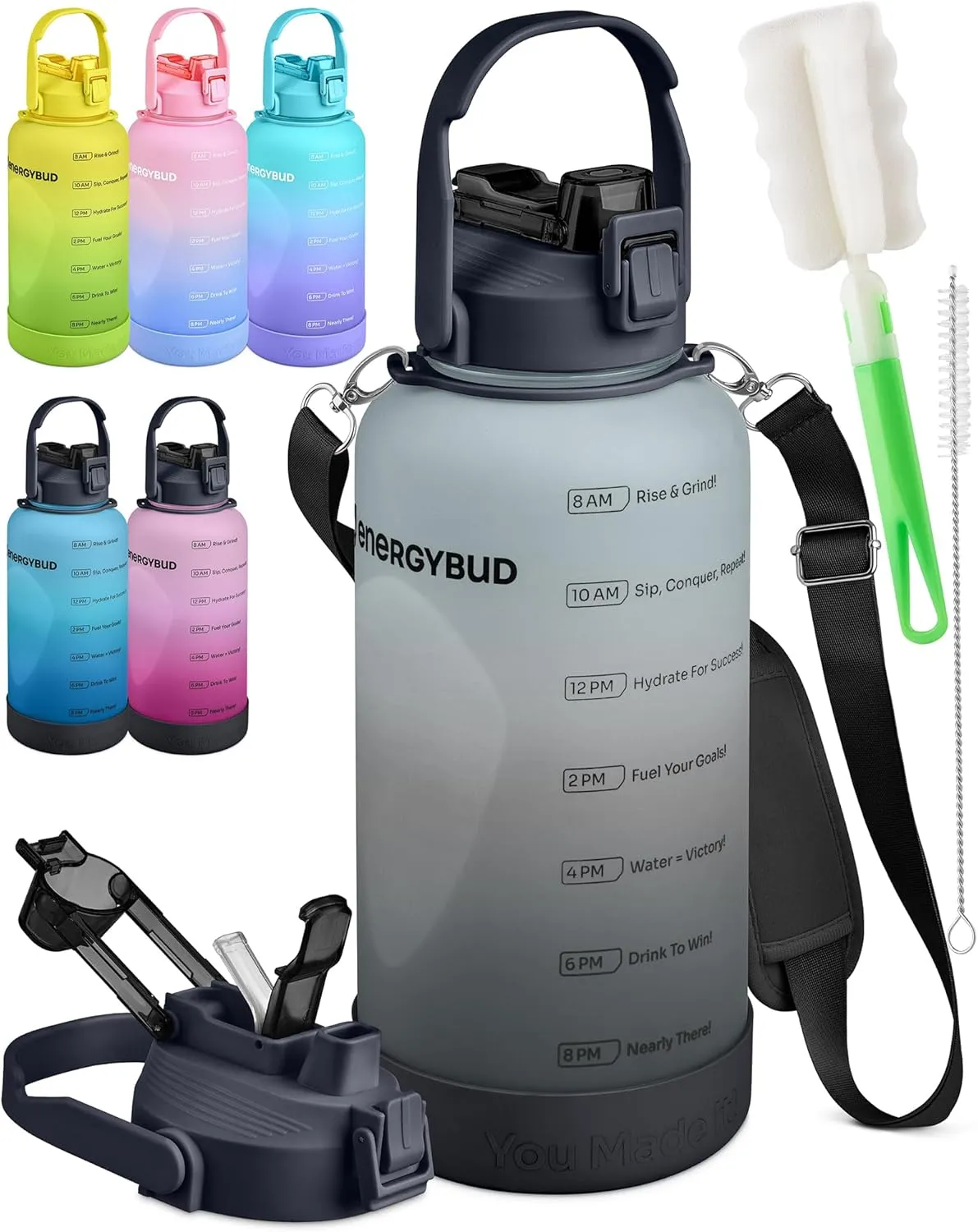 1 Gallon Water Bottle With Straw Dishwasher-Safe BPS & BPA Free, 2 Cleaning Brush Motivational 128oz Water Jug with Time Markers, Wide-Mouth Tritan, Gym & Exercise Equipment(Clear & Black)