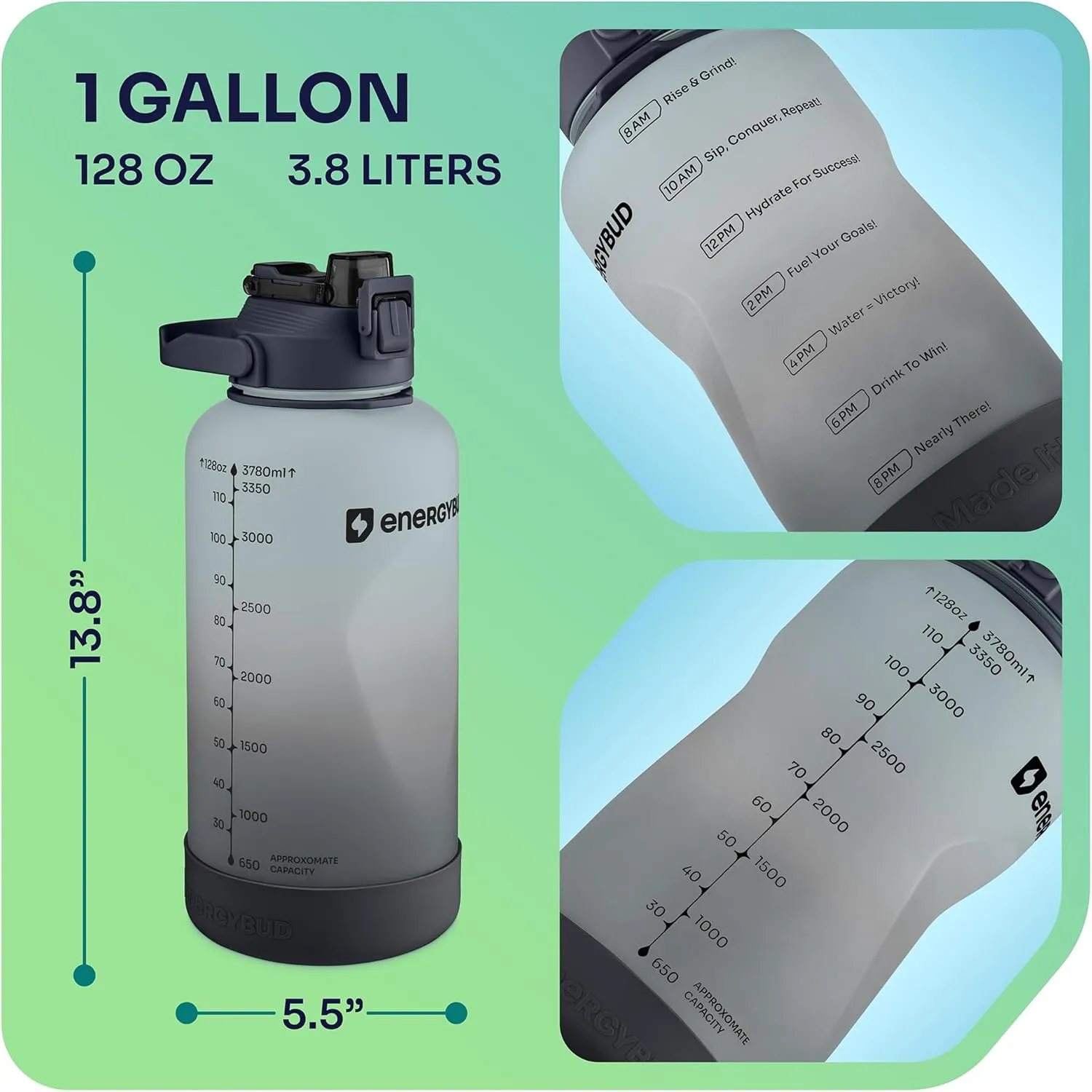 1 Gallon Water Bottle With Straw Dishwasher-Safe BPS & BPA Free, 2 Cleaning Brush Motivational 128oz Water Jug with Time Markers, Wide-Mouth Tritan, Gym & Exercise Equipment(Clear & Black)