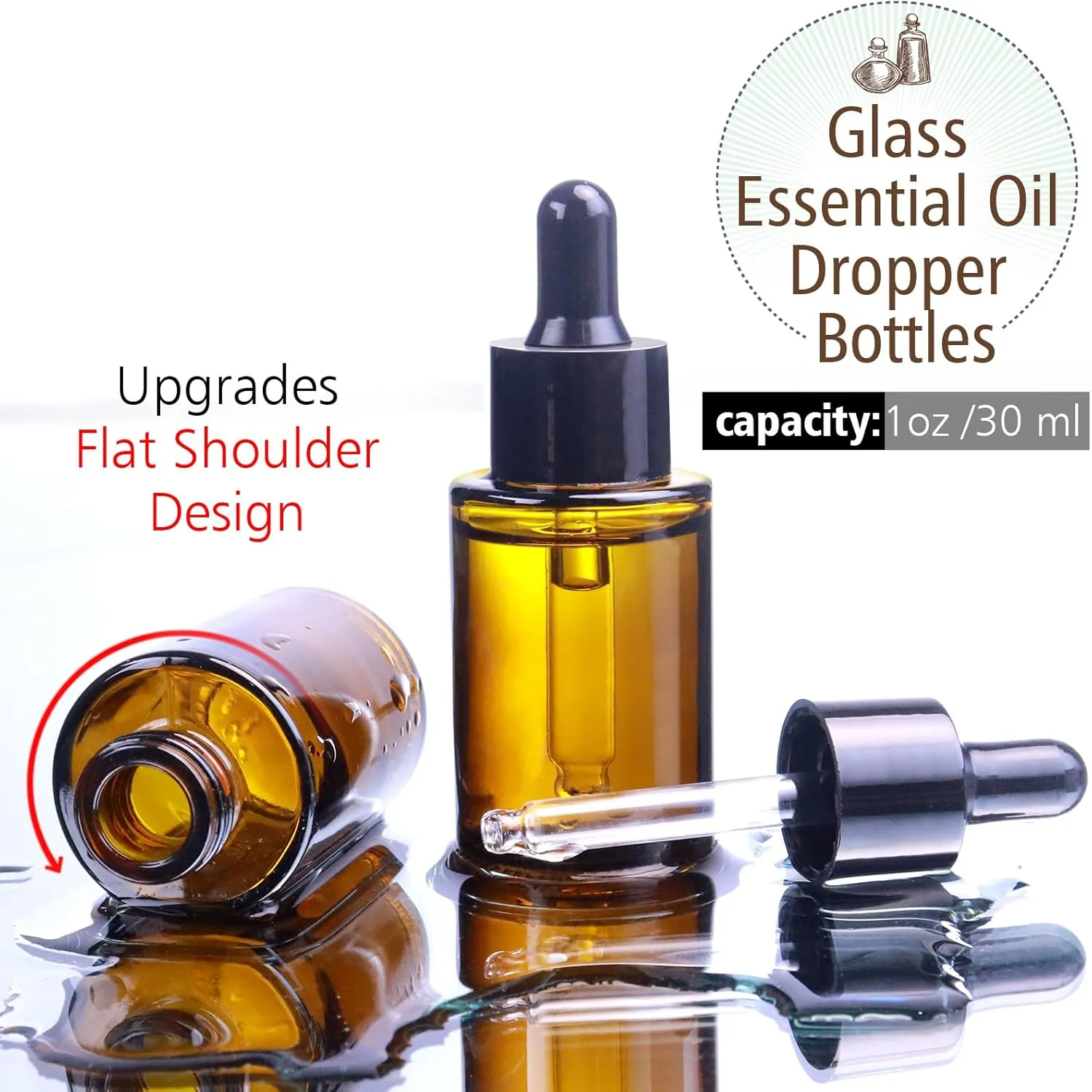 1 oz Amber Glass Dropper Bottle, 30ml Essential Oil Jars With Glass Eye Dropper for Tincture (20 pcs)