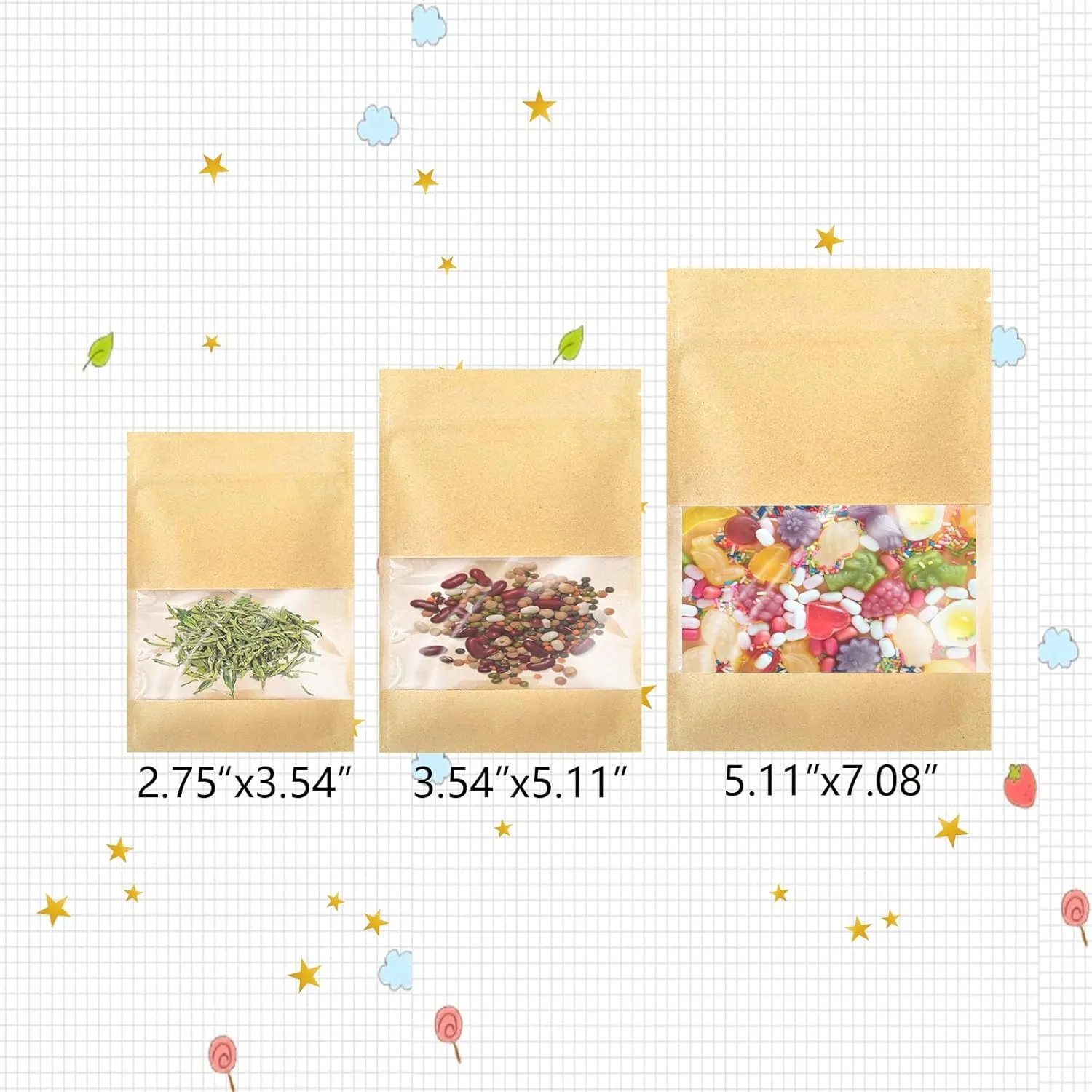100 Pack Clear Window Airtight Brown Kraft Paper for Food Storage Lock Small Papar Bagse Seal Zipper Packets Bags Pouch Coffee Packaging Sample for Small Business 5.11x7.08 inch