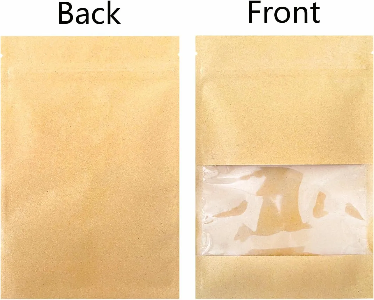 100 Pack Clear Window Airtight Brown Kraft Paper for Food Storage Lock Small Papar Bagse Seal Zipper Packets Bags Pouch Coffee Packaging Sample for Small Business 5.11x7.08 inch