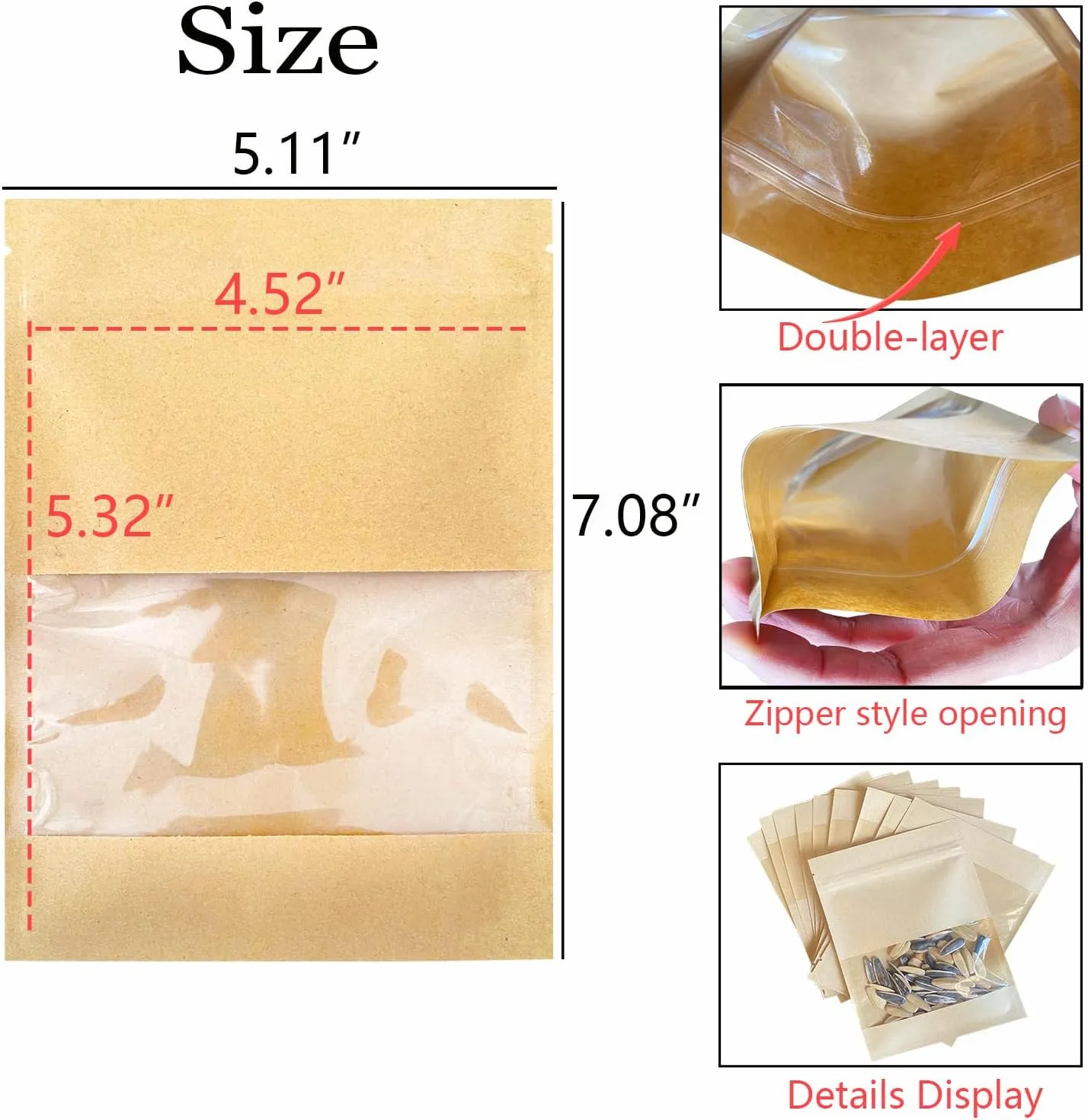 100 Pack Clear Window Airtight Brown Kraft Paper for Food Storage Lock Small Papar Bagse Seal Zipper Packets Bags Pouch Coffee Packaging Sample for Small Business 5.11x7.08 inch