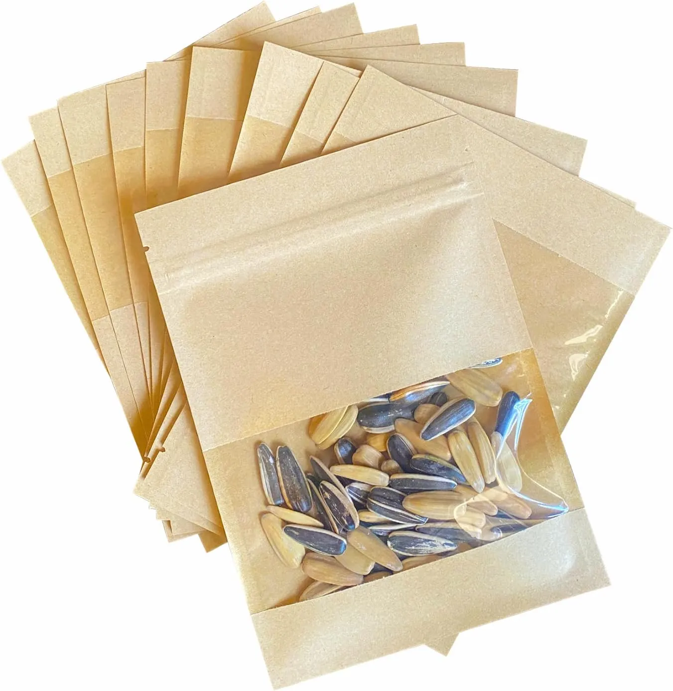 100 Pack Clear Window Airtight Brown Kraft Paper for Food Storage Lock Small Papar Bagse Seal Zipper Packets Bags Pouch Coffee Packaging Sample for Small Business 5.11x7.08 inch
