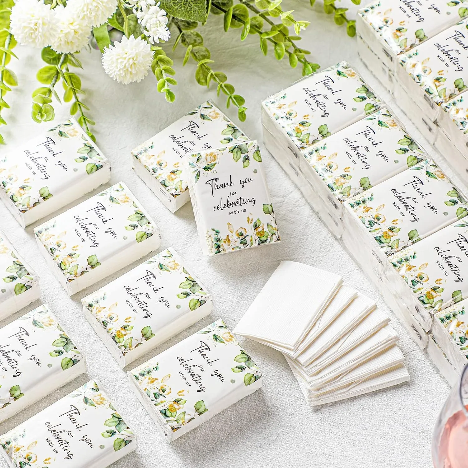 100 Pcs Wedding Facial Tissues Welcome Bags Mini Pocket Tissues Travel Size Wedding Favors for Guests 3 Ply Thank You for Celebrating with Us Celebration Graduation (Eucalyptus)