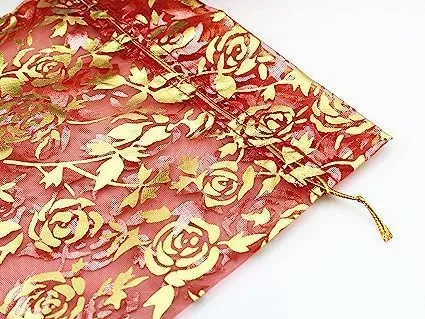 10x14 cms | 4x6 inch | Red Colour | Printed Organza Bags for Return Gift 100 Pcs ||10X14 CMS|| Net Fabric Drawstring Pouch for Dry Fruits Packing, Wedding Party Favour Gift Bags Pack Of (15)