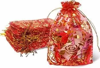10x14 cms | 4x6 inch | Red Colour | Printed Organza Bags for Return Gift 100 Pcs ||10X14 CMS|| Net Fabric Drawstring Pouch for Dry Fruits Packing, Wedding Party Favour Gift Bags Pack Of (15)