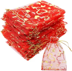 10x14 cms | 4x6 inch | Red Colour | Printed Organza Bags for Return Gift 100 Pcs ||10X14 CMS|| Net Fabric Drawstring Pouch for Dry Fruits Packing, Wedding Party Favour Gift Bags Pack Of (15)