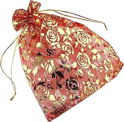 10x14 cms | 4x6 inch | Red Colour | Printed Organza Bags for Return Gift 100 Pcs ||10X14 CMS|| Net Fabric Drawstring Pouch for Dry Fruits Packing, Wedding Party Favour Gift Bags Pack Of (15)