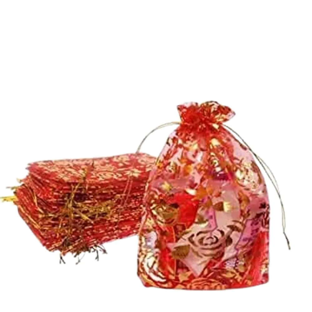10x14 cms | 4x6 inch | Red Colour | Printed Organza Bags for Return Gift 100 Pcs ||10X14 CMS|| Net Fabric Drawstring Pouch for Dry Fruits Packing, Wedding Party Favour Gift Bags Pack Of (15)