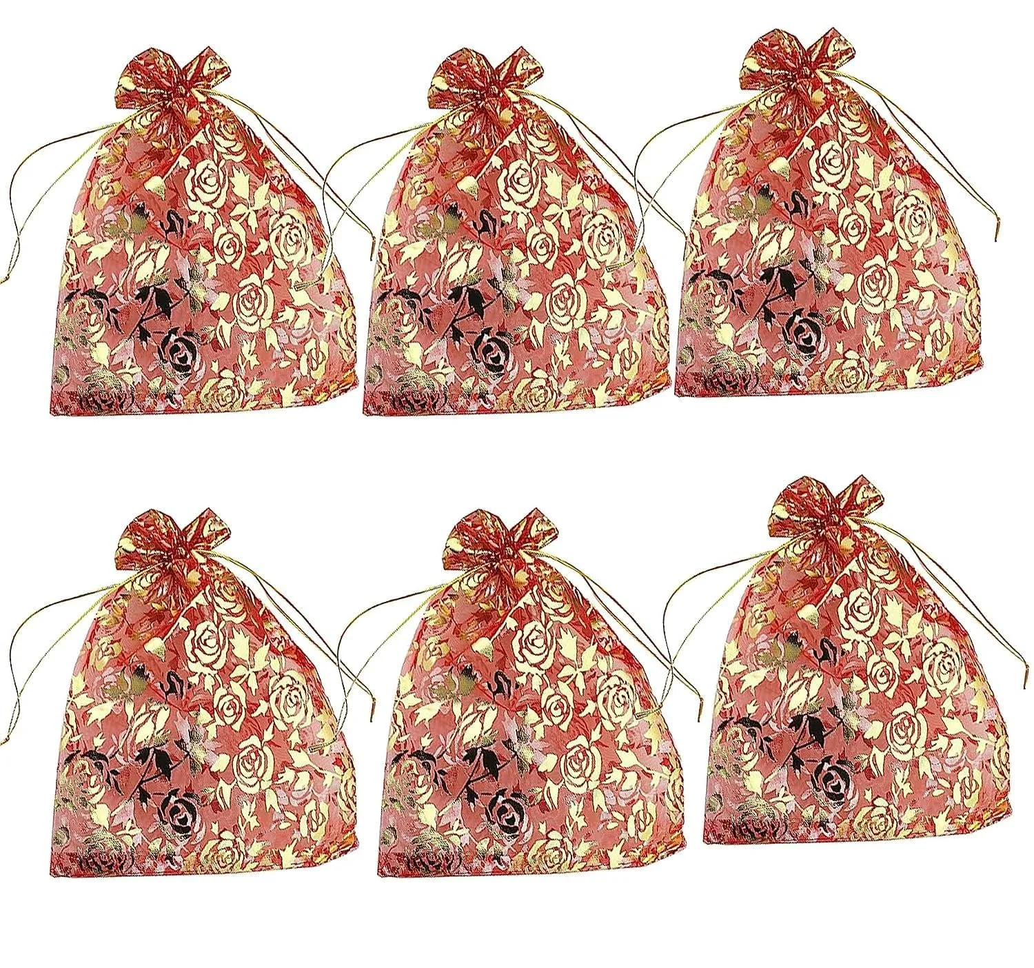 10x14 cms | 4x6 inch | Red Colour | Printed Organza Bags for Return Gift 100 Pcs ||10X14 CMS|| Net Fabric Drawstring Pouch for Dry Fruits Packing, Wedding Party Favour Gift Bags Pack Of (15)