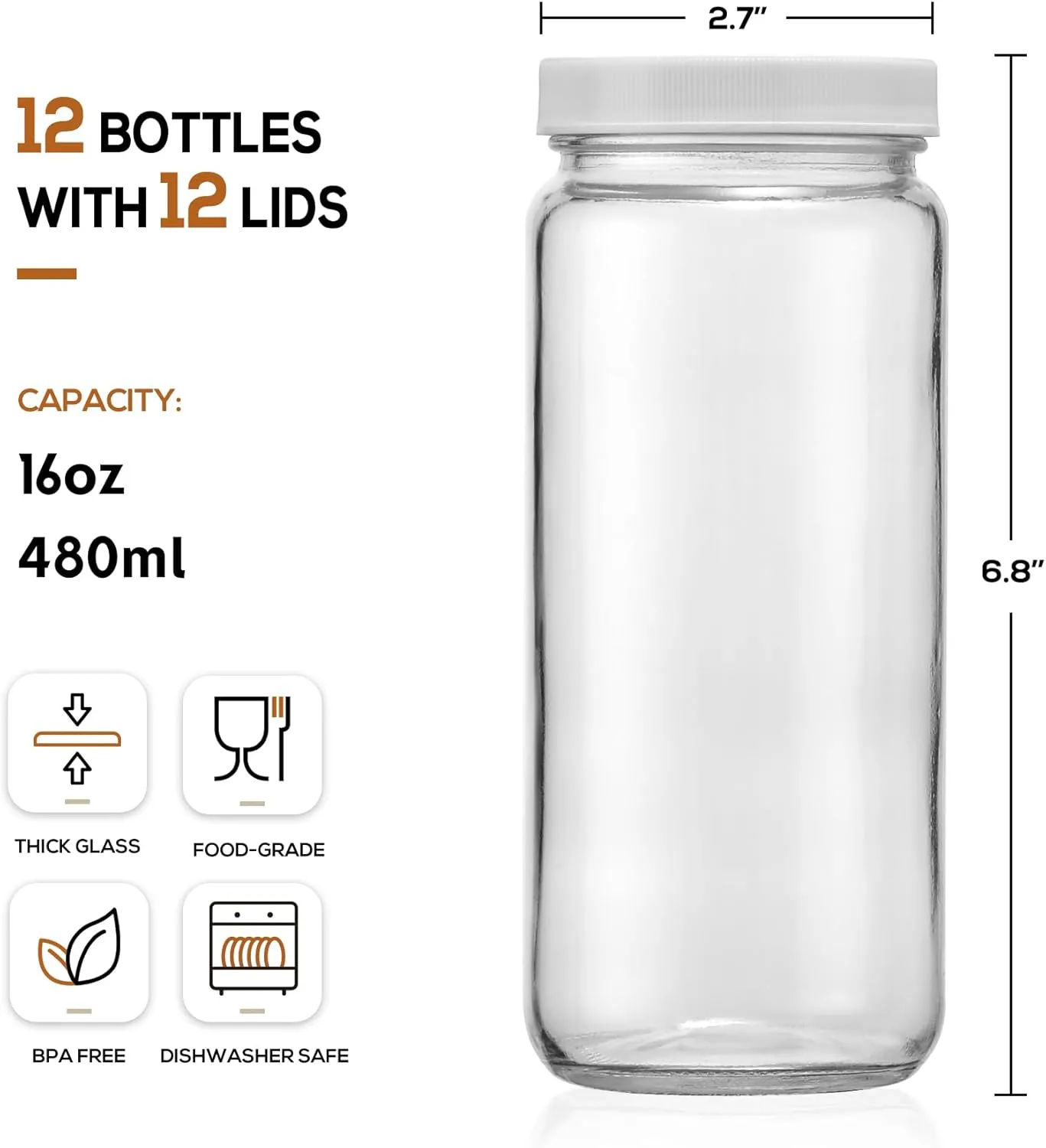 12 PACK, 16 OZ Glass Juice Bottles with Airtight Lids, Bonus 2 Straws & Perforated Lids, Reusable Juicer, Juicing Bottles - Clear Drinking Jars Cups, Water Bottle, Travel Juice Container, White Caps