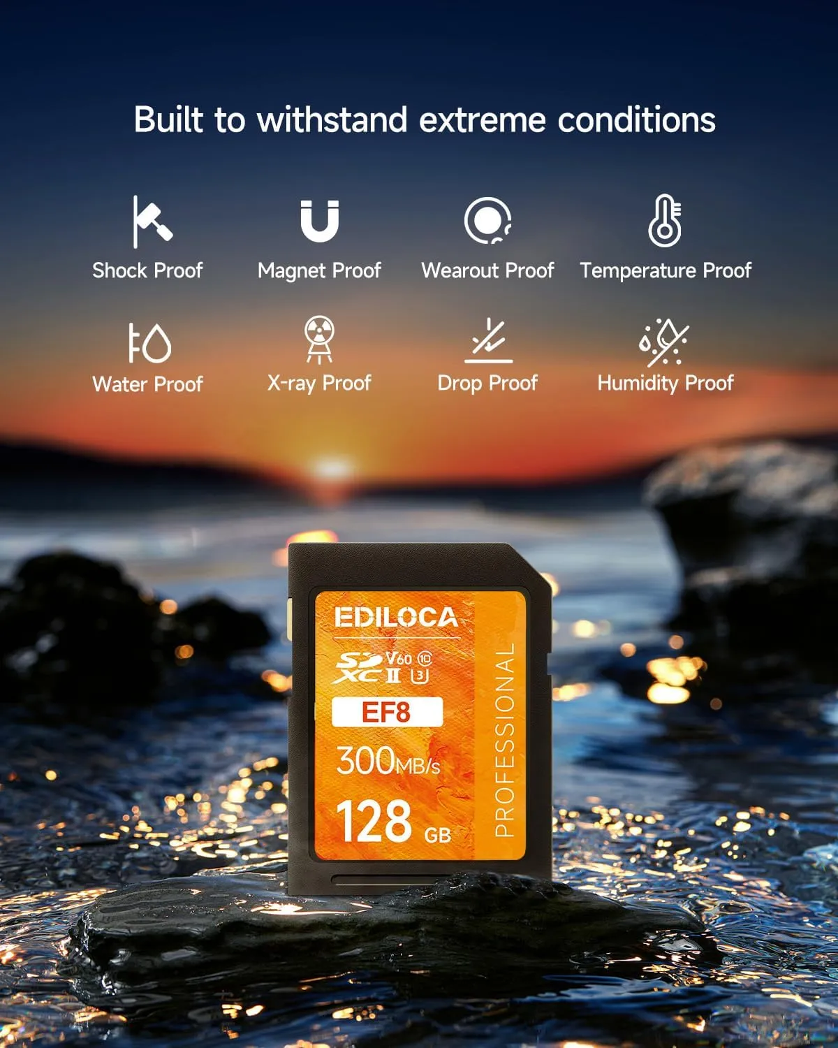 128GB UHS-II SD Card V60 Memory Cards for Professional Camera 4K/6K Video - 300MB/s Read, 100MB/s Write, Shockproof & Waterproof High-Speed Storage, U3 Class 10 Compatible with Canon (EF8)