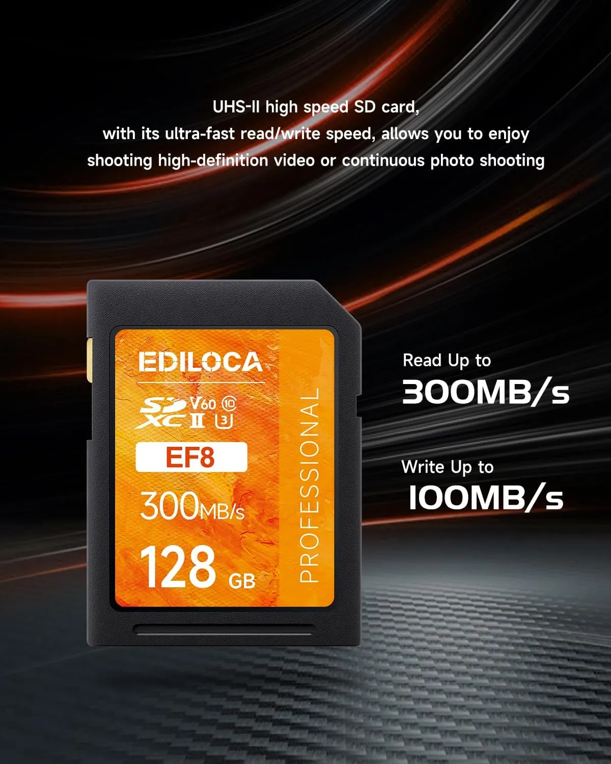 128GB UHS-II SD Card V60 Memory Cards for Professional Camera 4K/6K Video - 300MB/s Read, 100MB/s Write, Shockproof & Waterproof High-Speed Storage, U3 Class 10 Compatible with Canon (EF8)