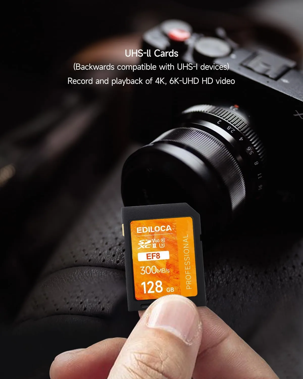 128GB UHS-II SD Card V60 Memory Cards for Professional Camera 4K/6K Video - 300MB/s Read, 100MB/s Write, Shockproof & Waterproof High-Speed Storage, U3 Class 10 Compatible with Canon (EF8)