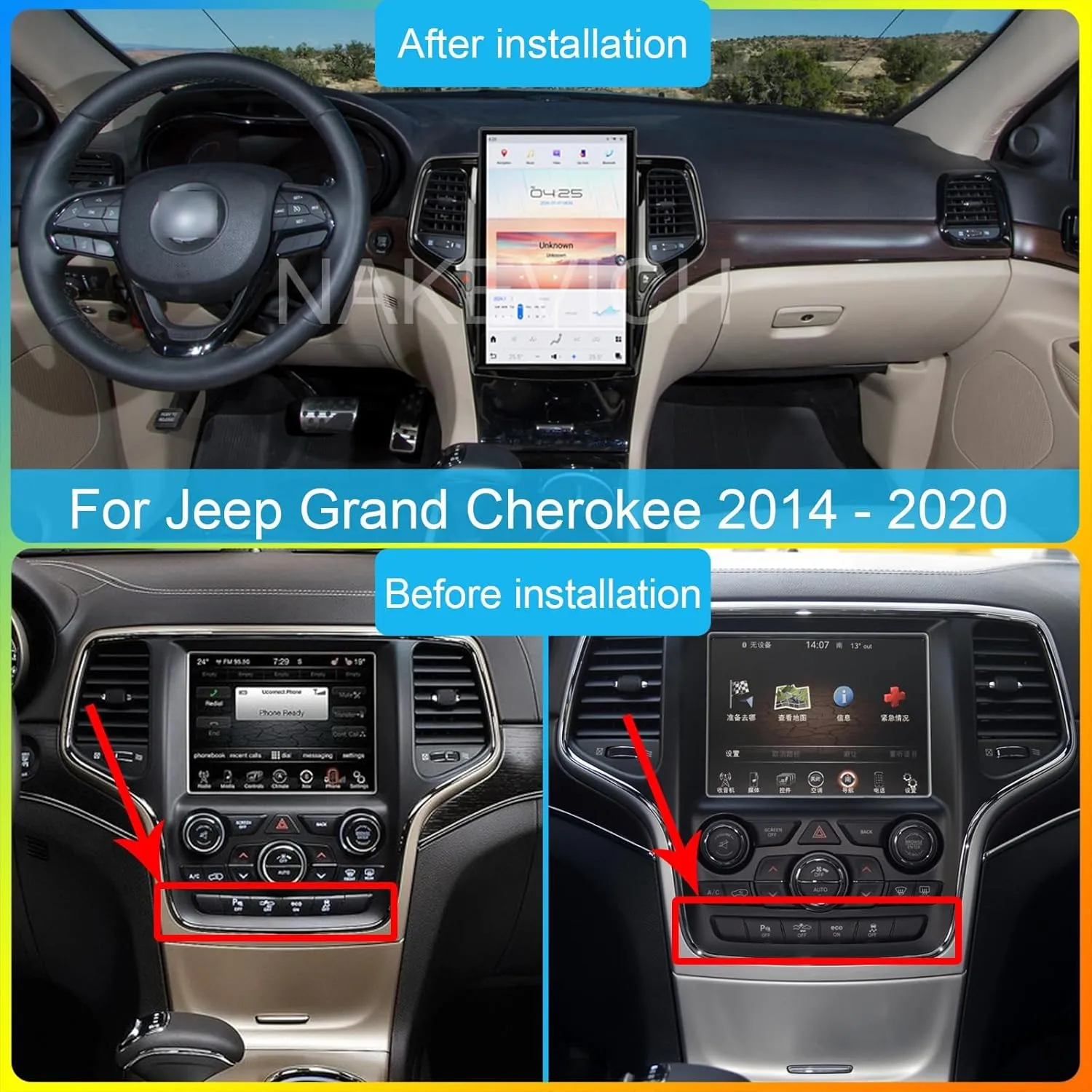 14.4 Inch Qualcomm Android 11 Car Radio for Jeep Grand Cherokee 2014-2020 Stereo Upgrade Tesla Style IPS Touch Screen Android Auto GPS Navigation Head Unit Multimedia Player