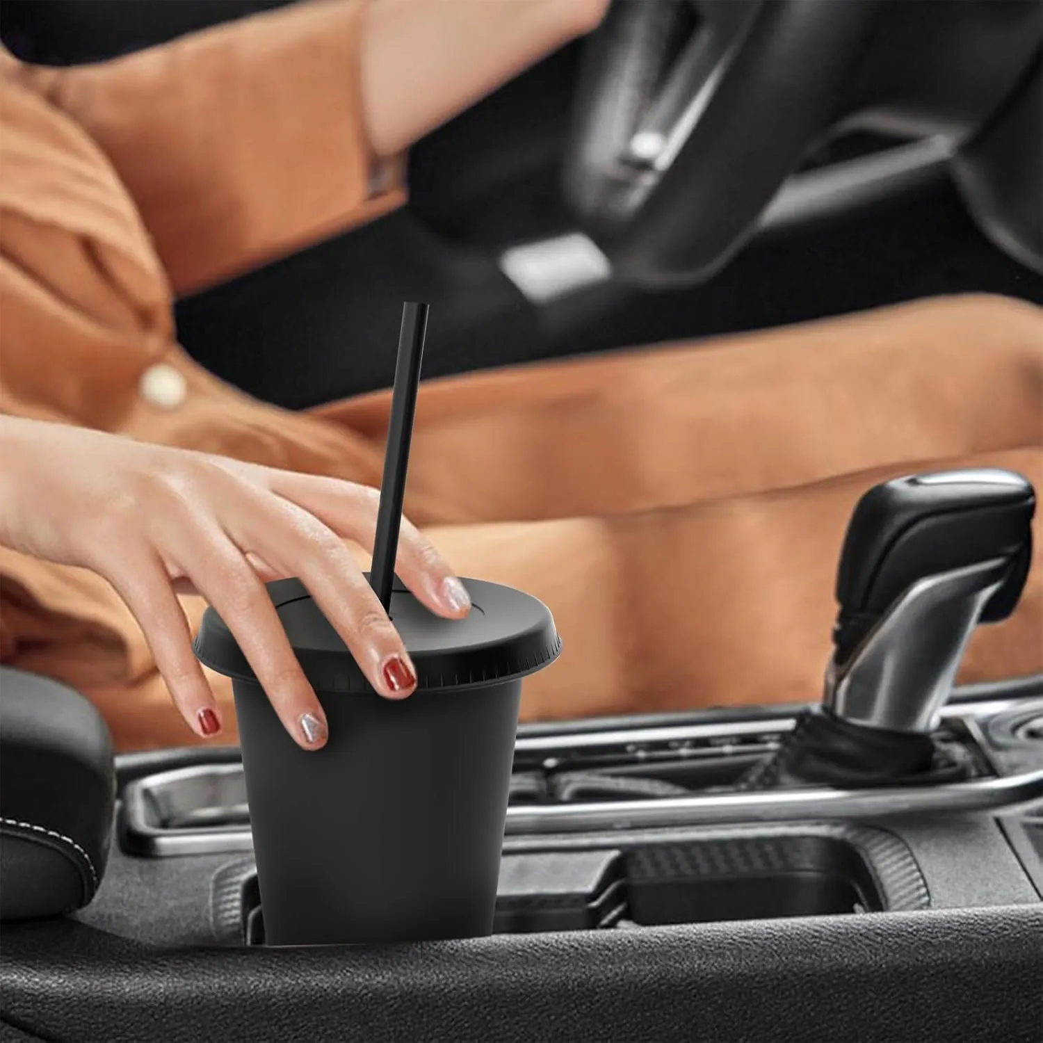 16 oz Plastic Cups With Lids and Straws, Sturdy & Food-Safe Iced Coffee Cups With Lid, Plastic Tumbler Reusable, Drinking Cups for Cold Drinks, Milkshakes, Smoothies - Black(15 Sets)