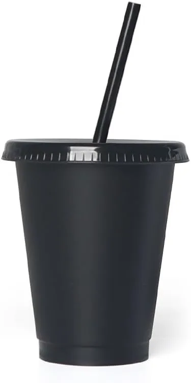 16 oz Plastic Cups With Lids and Straws, Sturdy & Food-Safe Iced Coffee Cups With Lid, Plastic Tumbler Reusable, Drinking Cups for Cold Drinks, Milkshakes, Smoothies - Black(15 Sets)