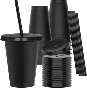 16 oz Plastic Cups With Lids and Straws, Sturdy & Food-Safe Iced Coffee Cups With Lid, Plastic Tumbler Reusable, Drinking Cups for Cold Drinks, Milkshakes, Smoothies - Black(15 Sets)