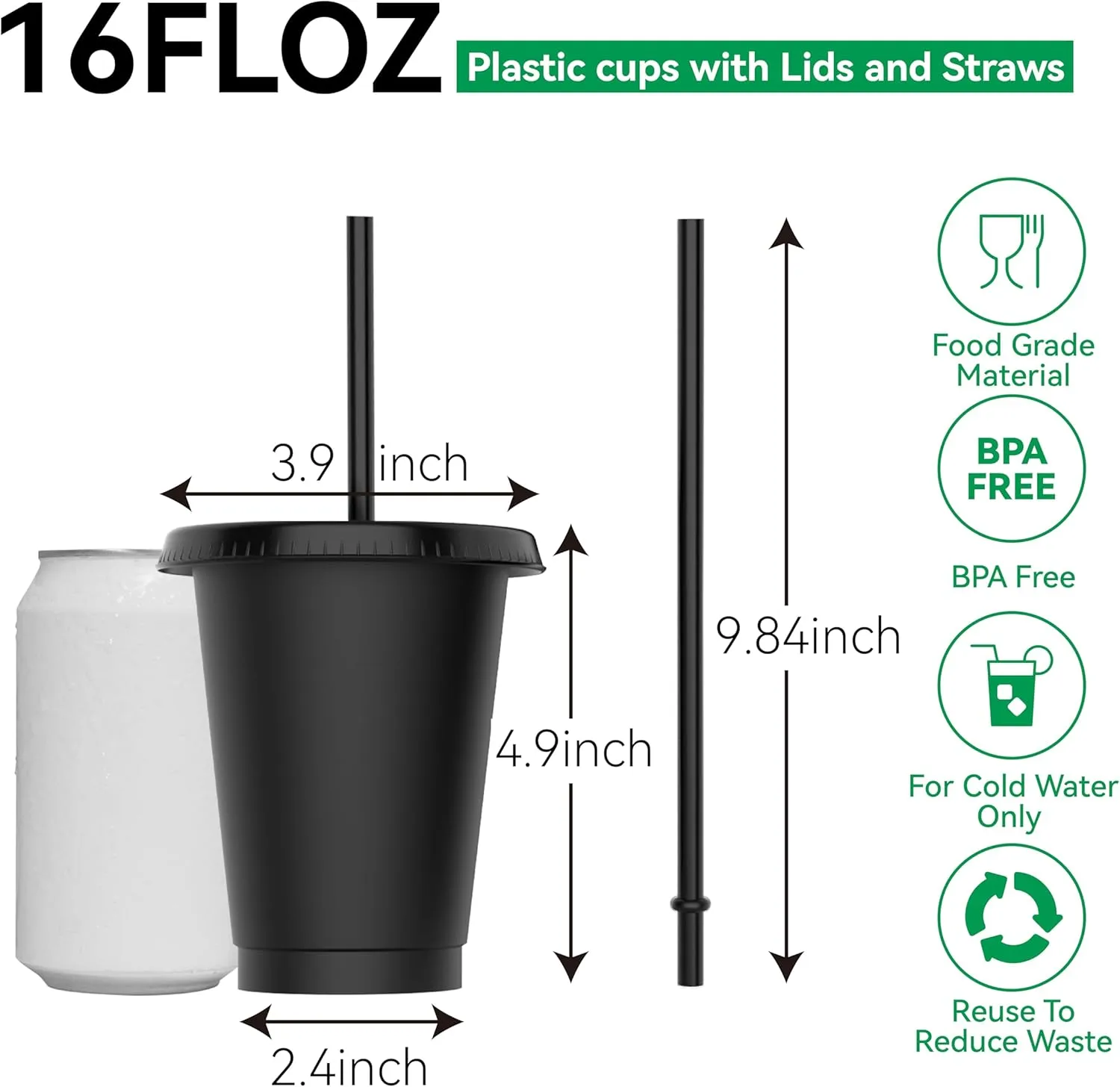 16 oz Plastic Cups With Lids and Straws, Sturdy & Food-Safe Iced Coffee Cups With Lid, Plastic Tumbler Reusable, Drinking Cups for Cold Drinks, Milkshakes, Smoothies - Black(15 Sets)