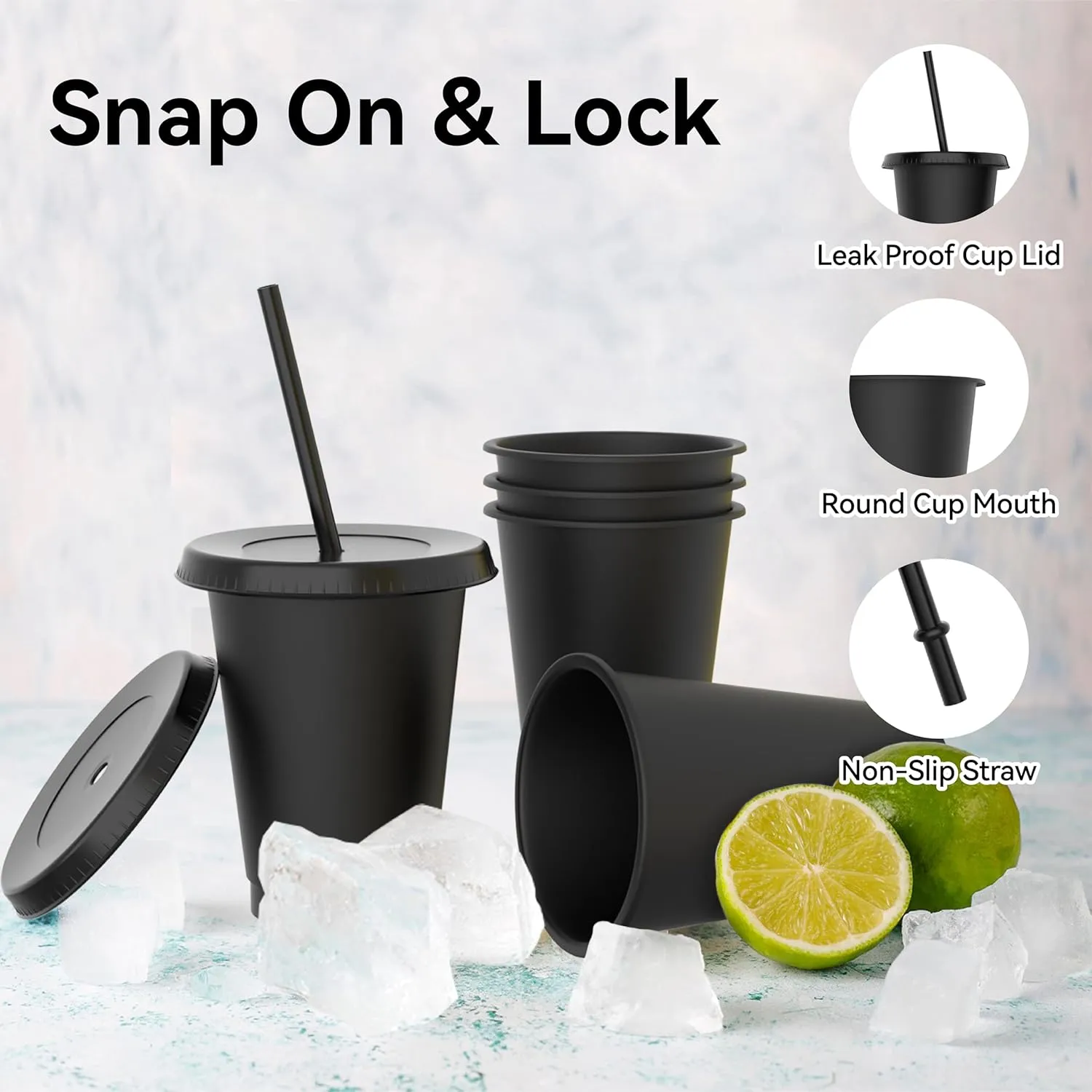 16 oz Plastic Cups With Lids and Straws, Sturdy & Food-Safe Iced Coffee Cups With Lid, Plastic Tumbler Reusable, Drinking Cups for Cold Drinks, Milkshakes, Smoothies - Black(15 Sets)