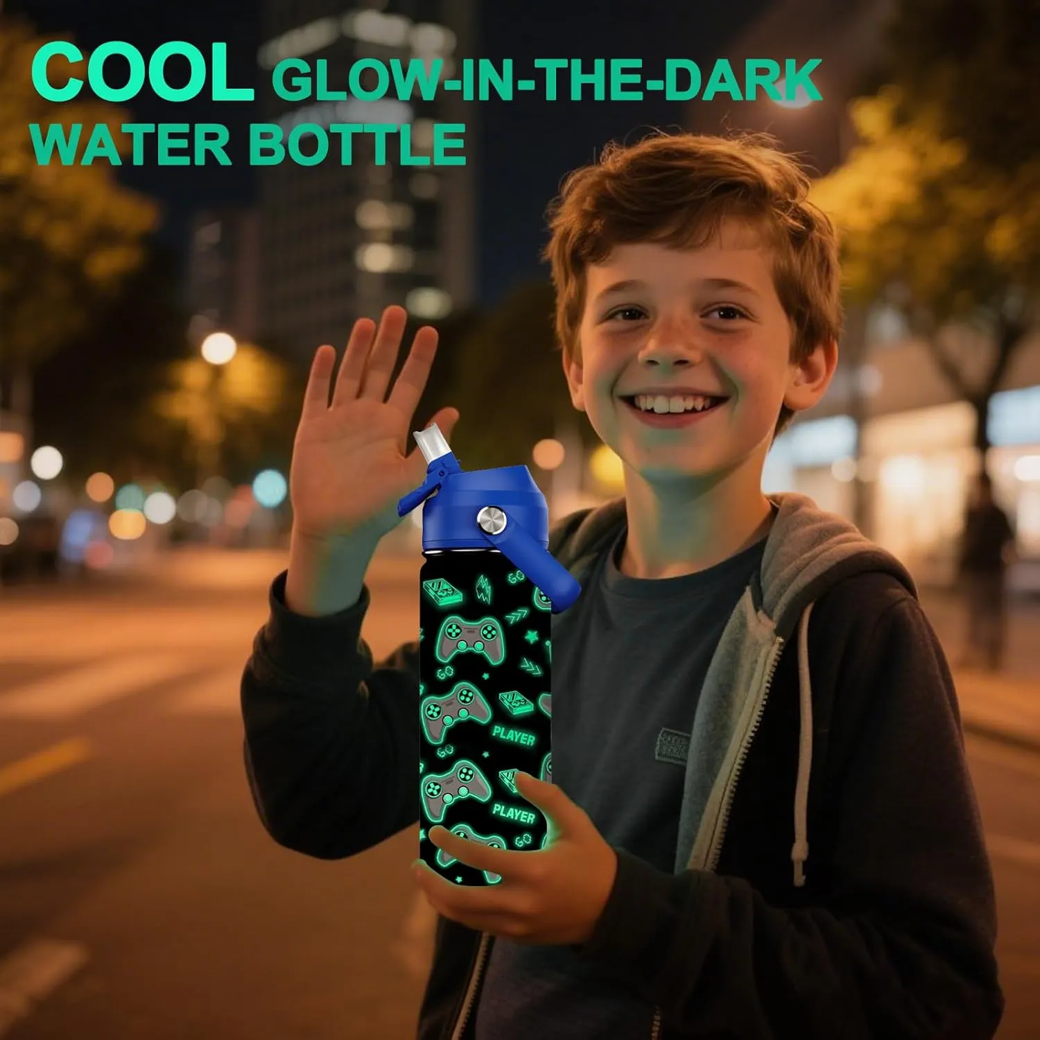 18oz Kids Insulated Water Bottle with Straw Lid - 18/8 Stainless Steel Kid Cup Travel Tumbler Double Wall Vacuum Leak Proof Portable Toddler Water Bottle (Luminous Game Blue Red）