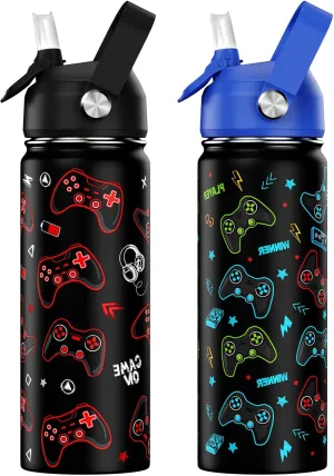 18oz Kids Insulated Water Bottle with Straw Lid - 18/8 Stainless Steel Kid Cup Travel Tumbler Double Wall Vacuum Leak Proof Portable Toddler Water Bottle (Luminous Game Blue Red）