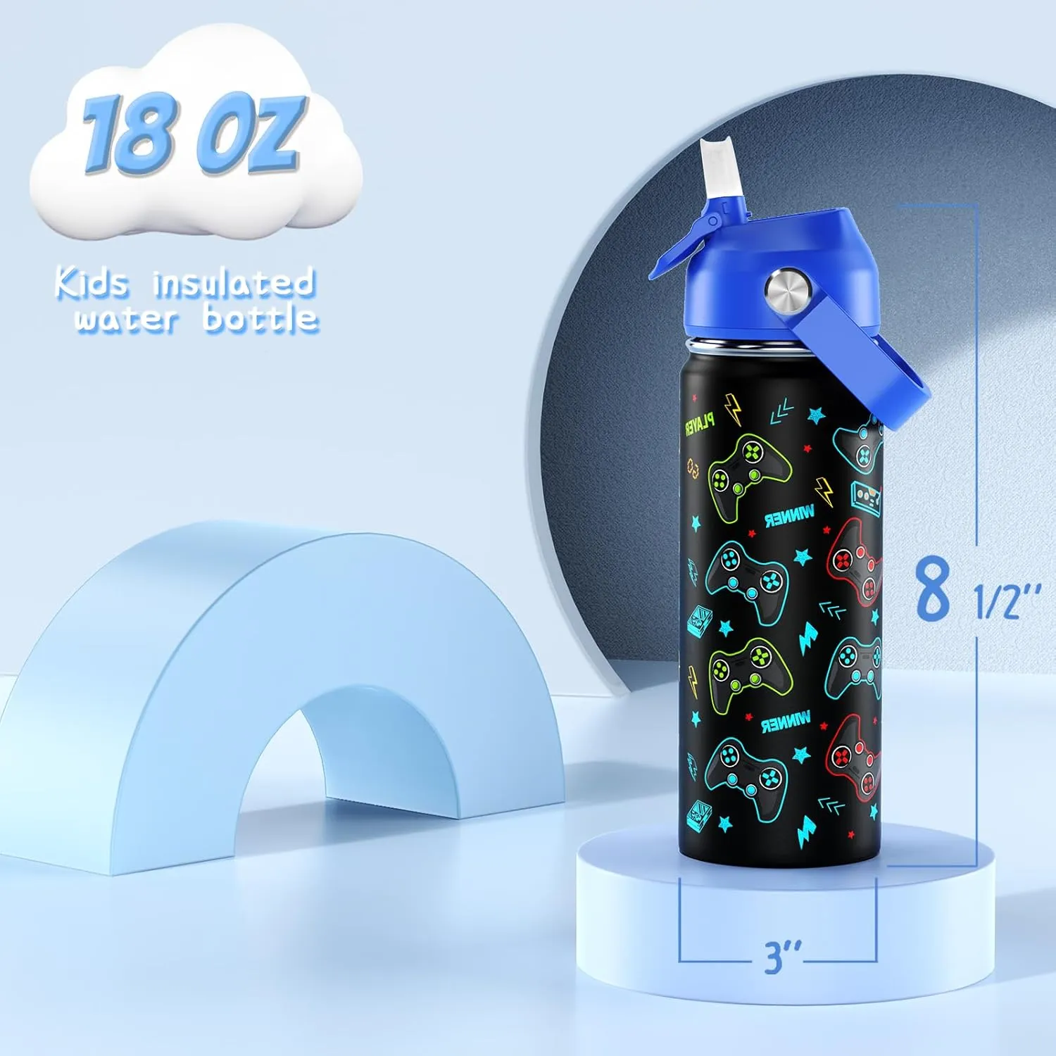 18oz Kids Insulated Water Bottle with Straw Lid - 18/8 Stainless Steel Kid Cup Travel Tumbler Double Wall Vacuum Leak Proof Portable Toddler Water Bottle (Luminous Game Blue Red）